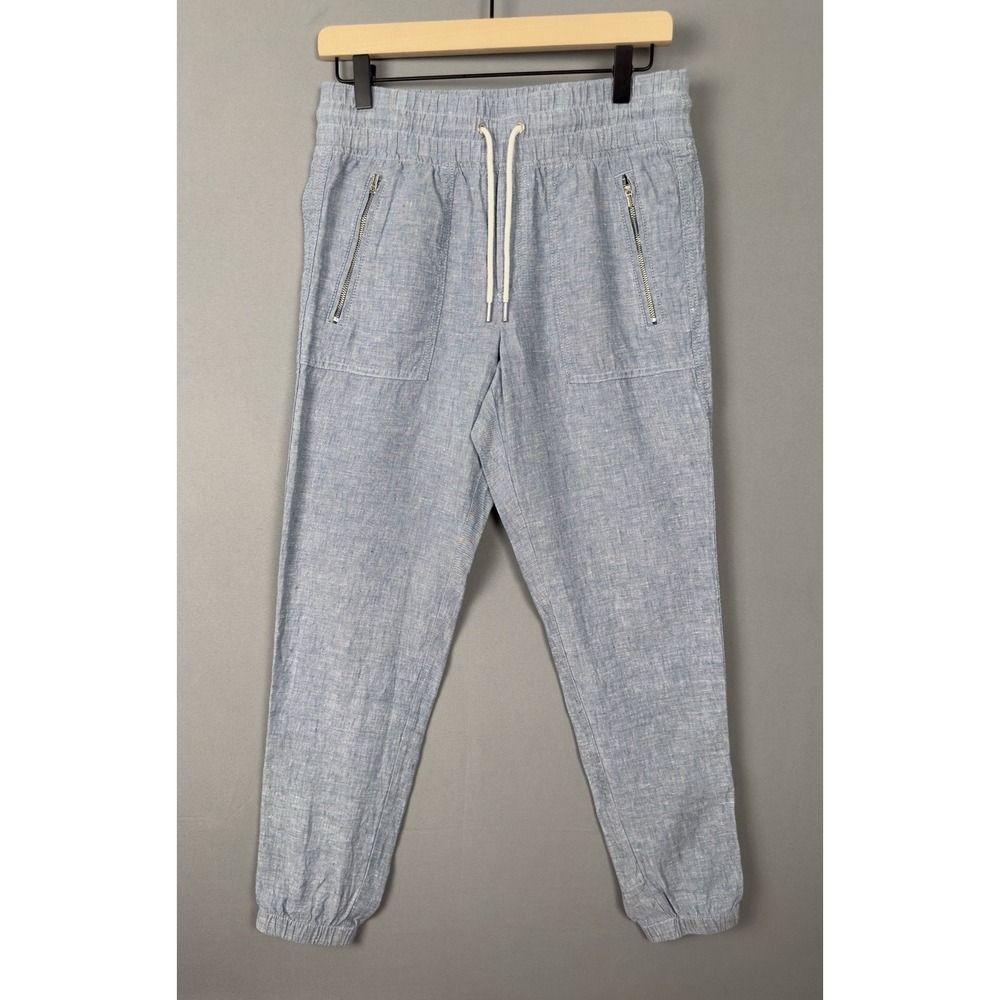 Athleta Cabo Linen Jogger Pants Women's 2 Blue Chambray Drawstring Zip Pockets